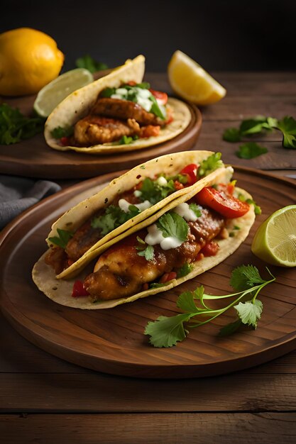 Twee taco's met kip en salsa op een houten bord