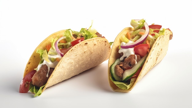 Twee taco's met vlees en groenten op een witte achtergrond