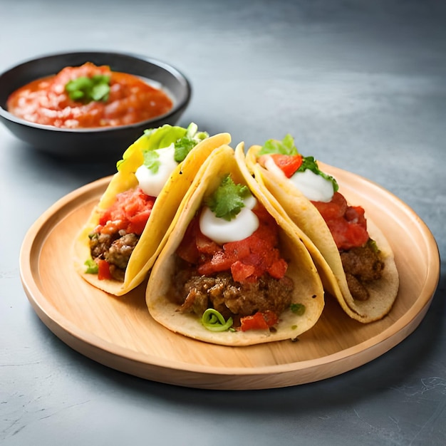 Twee taco's op een bord met salsa op de achtergrond.