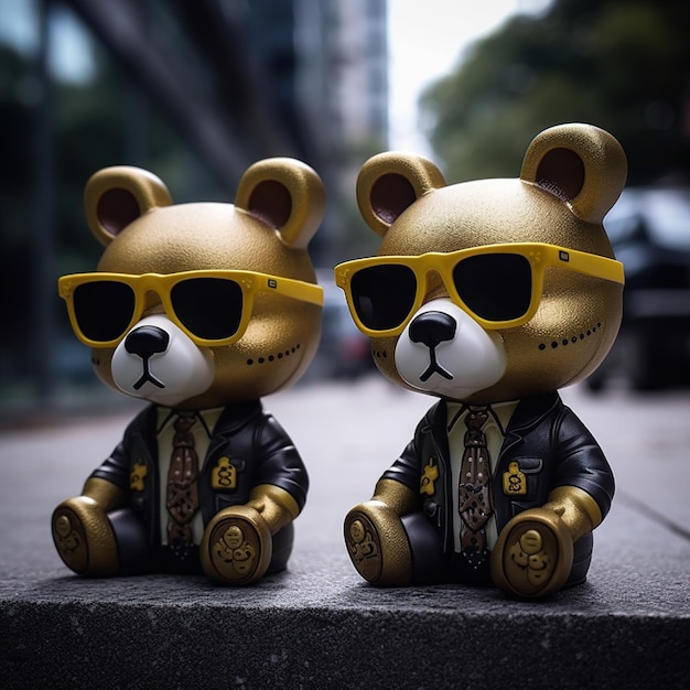 Twee teddyberen met gele zonnebrillen zitten op een stoep