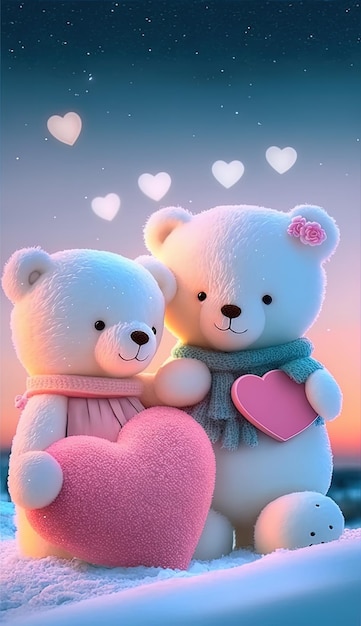twee teddyberen met harten en een roze hart op hun borst