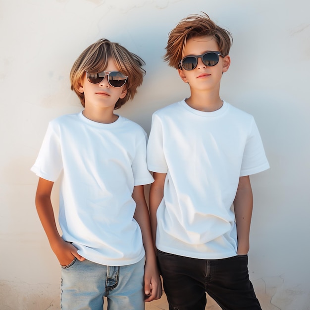 Twee tienerjongens met witte T-shirts en zonnebril.