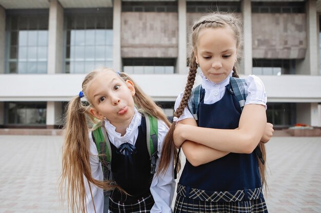 Twee tienerschoolmeisjes in uniform met paardenstaarten en staartjes poseren en trekken een grimas naar de camera.