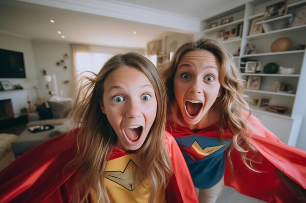 Foto twee tienervriendinnen in een huis in een superheldenkostuum.