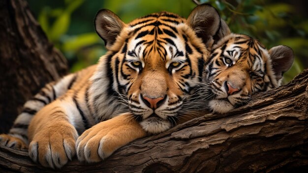 Twee tijgers laten een liefdesknuffel zien.