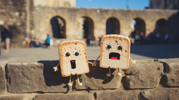 twee toastjes met een gezicht erop, één heeft een rood licht.