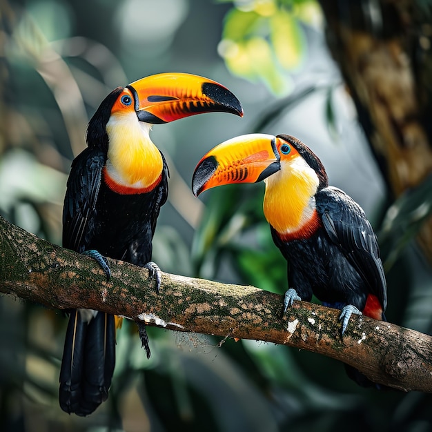 Twee toekanen, tropische vogels die op een tak van een boom zitten.