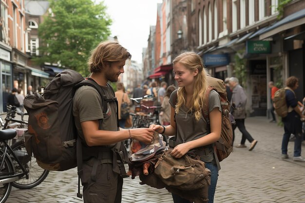 Foto twee toeristen die met grote rugzakken en een kaart reizen op voet reis en toerisme concept