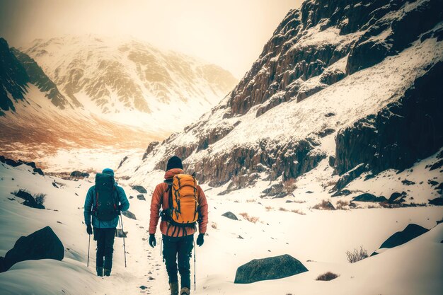 Foto twee toeristen in warme kleren met wandelrugzak lopen langs besneeuwde berghelling