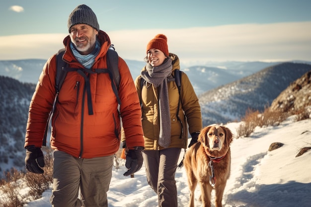 Twee toeristen met een hond wandelen in de bergen Reizen en actieve levensstijl in de winter