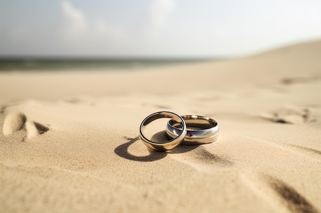 Twee trouwringen in het zand op de achtergrond van een strand en zee