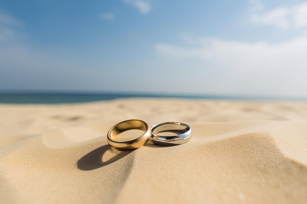 Twee trouwringen in het zand op de achtergrond van een strand en zee