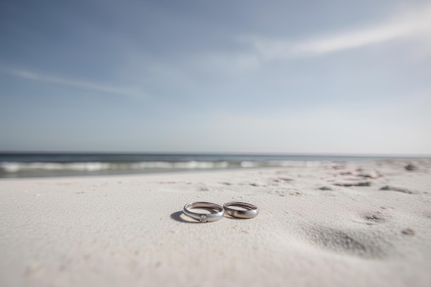 Twee trouwringen in het zand op de achtergrond van een strand en zee