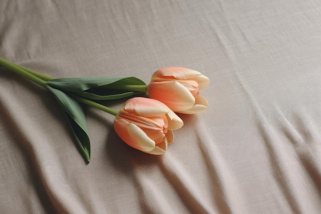 Twee tulpen op een bed met op een bed tulpen.