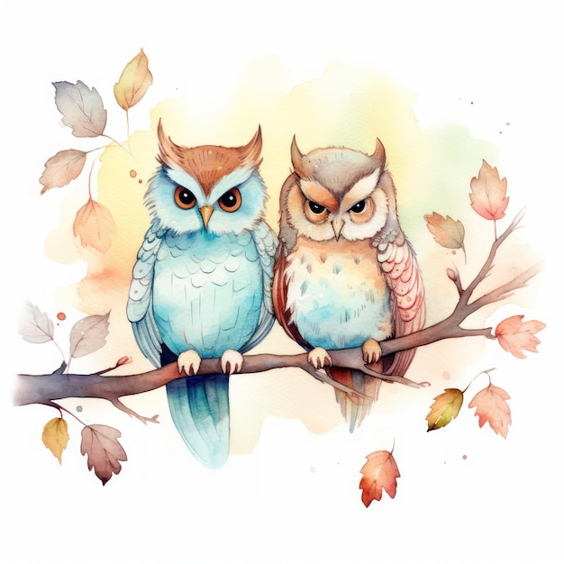 twee uilen zitten op een tak met bladeren