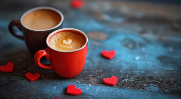 twee Valentijn kopjes koffie op een donkere tafel