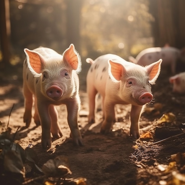 Twee varkens in een veld met bladeren op de grond