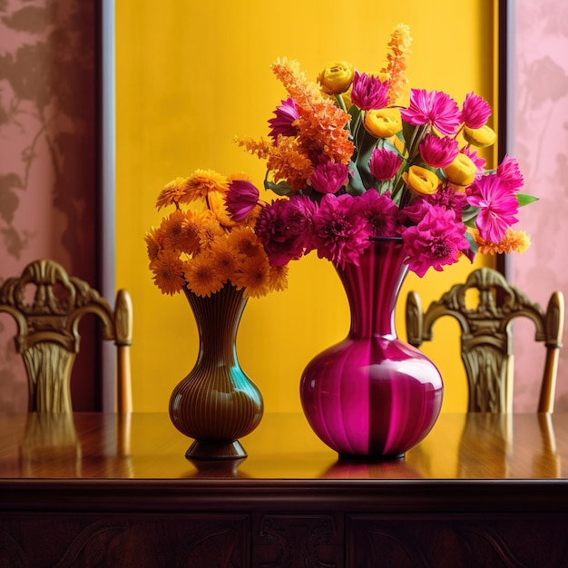 Twee vazen met bloemen staan op een tafel met daarachter een ingelijste afbeelding Roze en geel