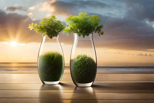twee vazen met planten erin die gemaakt zijn aan de zee.