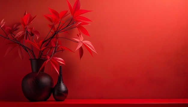 twee vazen met rode bladeren en een van hen heeft een rode achtergrond