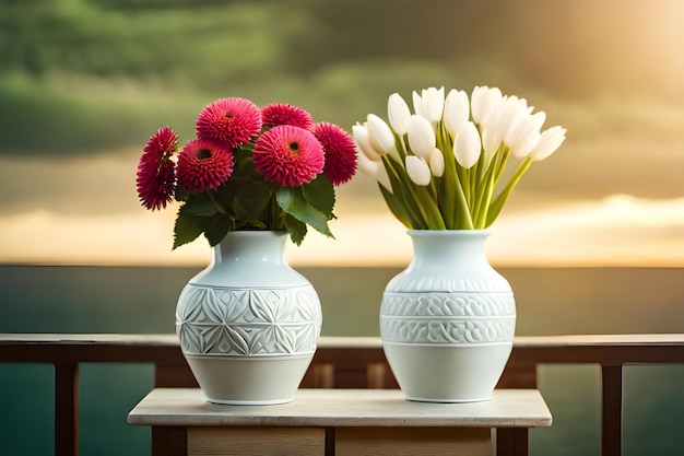 twee vazen met witte bloemen voor een meer.