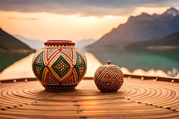 twee vazen op een tafel met een uitzicht op de berg op de achtergrond.