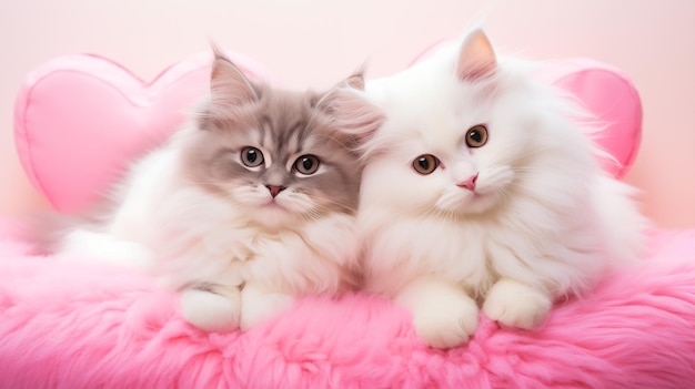 Twee verliefde katten liggen op een roze achtergrond