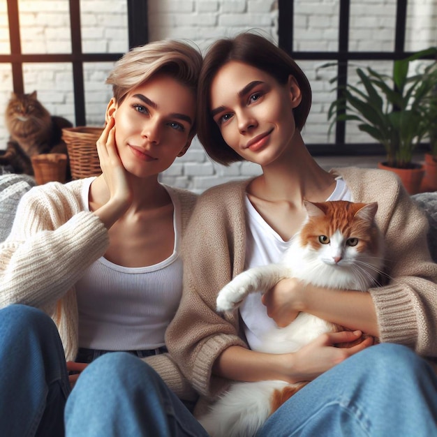Twee verliefde meisjes met een kat thuis SGL LGBT