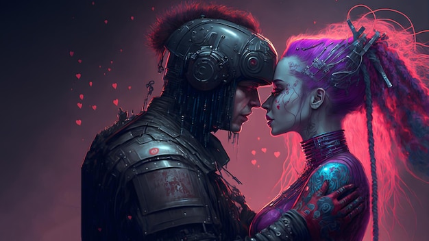 Twee verliefde mensen knuffelen in donkere omgeving cyberpunk-stijl neuraal netwerk gegenereerde kunst