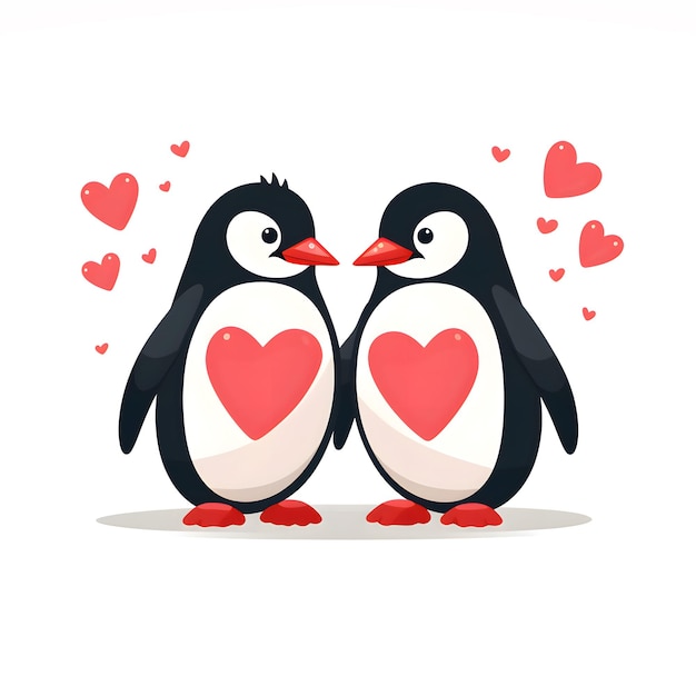 Twee verliefde pinguïns in platte stijl Valentijnsdag kaartje met een paar schattige pinguïnsen