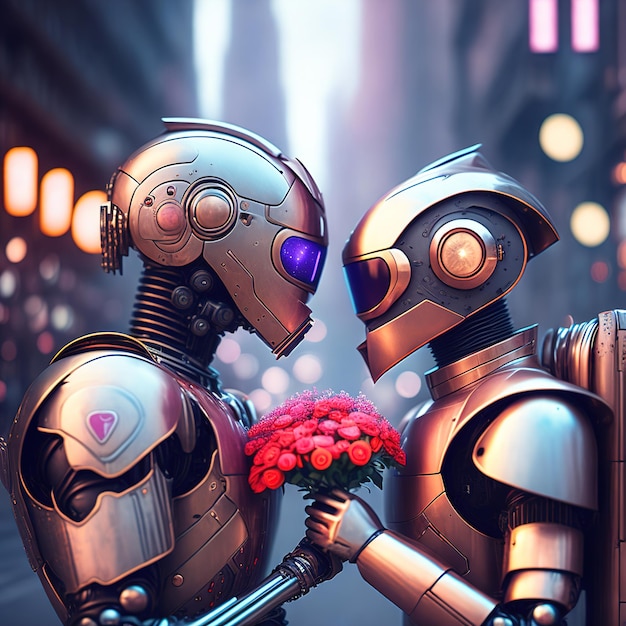 Twee verliefde robots kijken elkaar aan en geven bloemen