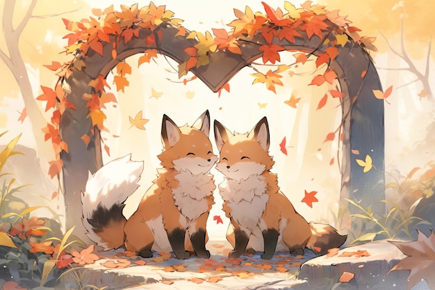 twee verliefde vossen in een hartvormig frame gemaakt van bladeren