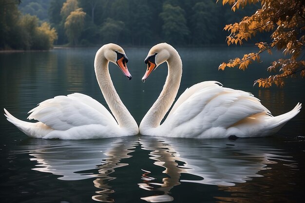 Twee verliefde zwanen in het meer.