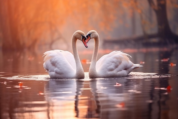 Foto twee verliefde zwanen zwemmen in het herfstmeer een paar witte zwanen in hartvorm drijven in de vijver
