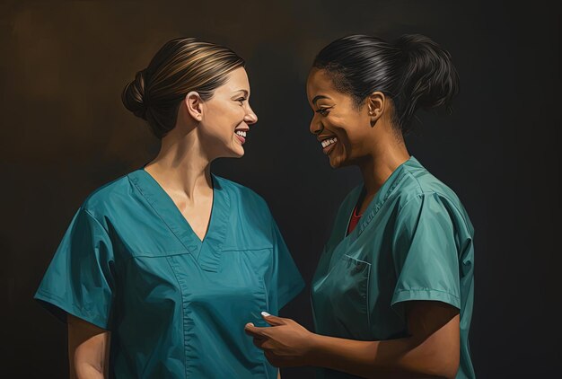 Foto twee verpleegsters in scrubs glimlachen naar elkaar in de stijl van donkere smaragd en bruin