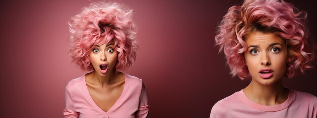 Foto twee verschillende portretten van geschokte jonge vrouw met roze haar die naar de camera kijkt op roze achtergrond