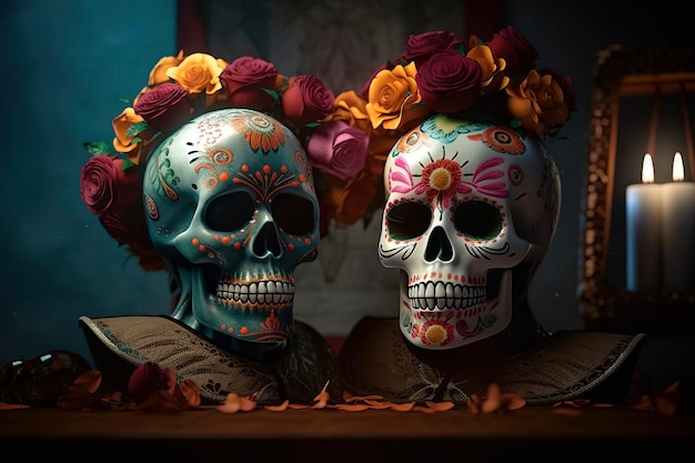 Twee versierde schedels te midden van bloemen in een Day of the Dead Mexicaans altaar Generative AI
