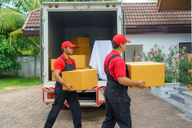 Twee vervoersarbeiders die dozen lossen om naar een nieuw huis voor klanten te verhuizen xA