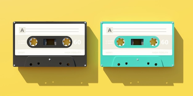 Twee vintage audio cassette banden met een leeg label geïsoleerd op een gele achtergrond