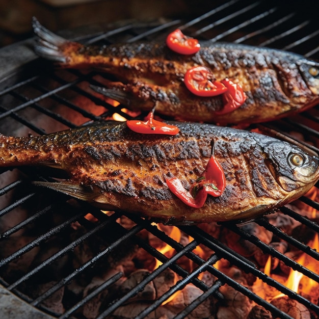 Twee vissen op een grill met Spaanse pepers op de grill