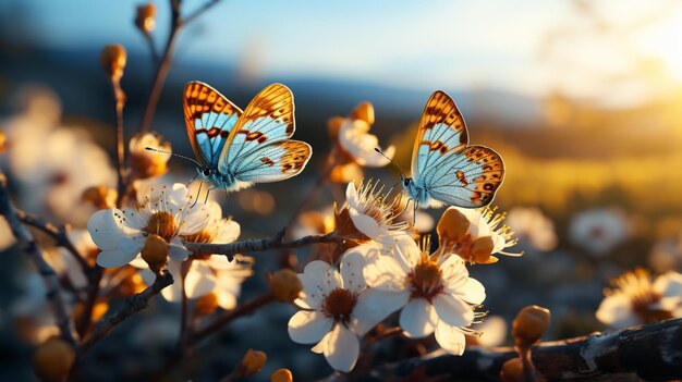 twee vlinders die door een veld met zomerbloemen vliegen in de stijl van naturalistische esthetische dierenillustraties