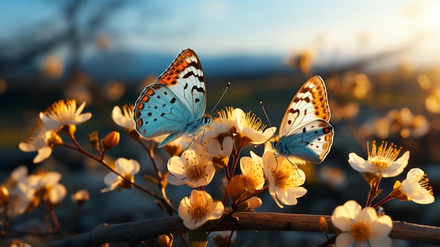 twee vlinders die door een veld met zomerbloemen vliegen in de stijl van naturalistische esthetische dierenillustraties