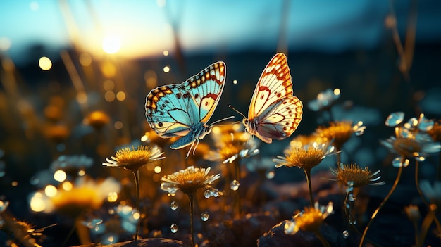 twee vlinders die door een veld met zomerbloemen vliegen in de stijl van naturalistische esthetische dierenillustraties