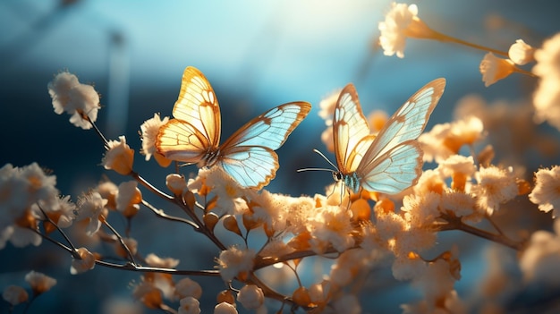 twee vlinders die door een veld met zomerbloemen vliegen