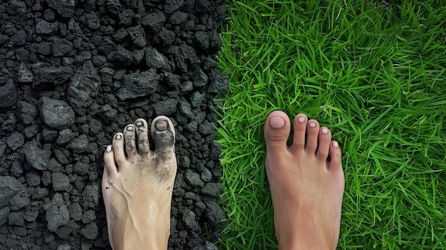 Twee voeten één op gras een andere op kolen vergelijking een concept van het redden van het milieu met een lege ruimte Generatieve AI