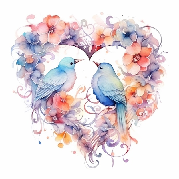 Twee vogels in een hartvorm met bloemen