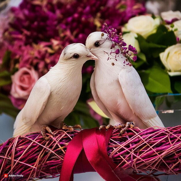 Foto twee vogels kussen op een mandje met bloemen met een rood lint om hen heen