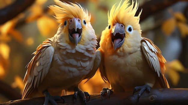 Twee vogels met een spandoek waarop "papegaai" staat.