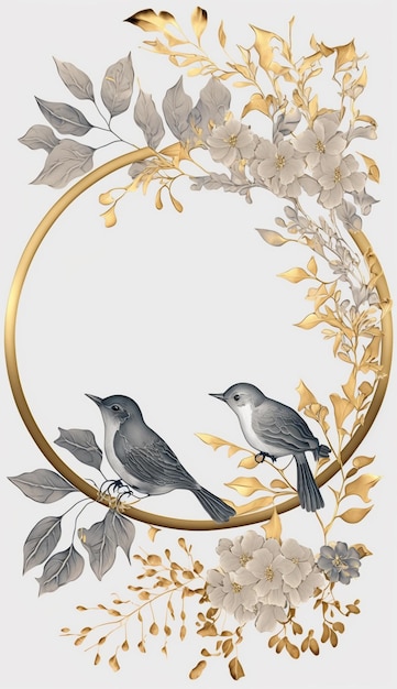 Twee vogels op een gouden ovale lijst met bladgoud en bloemen.