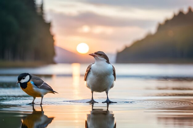 Twee vogels op een meer met een zonsondergang op de achtergrond